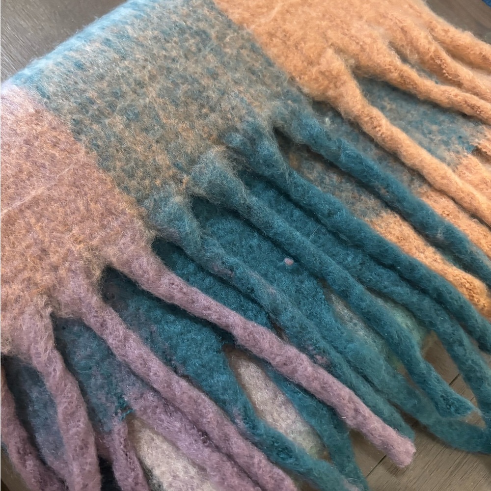 Cozy Fashion Apparel Plaid Fringe Scarf in Teal, Rust, Mauve